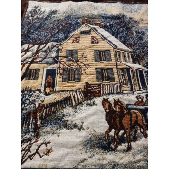Crown Crafts Winter Scene Sleigh Ride Farm House Throw Blanket Tapestry Vintage - Picture 7 of 14